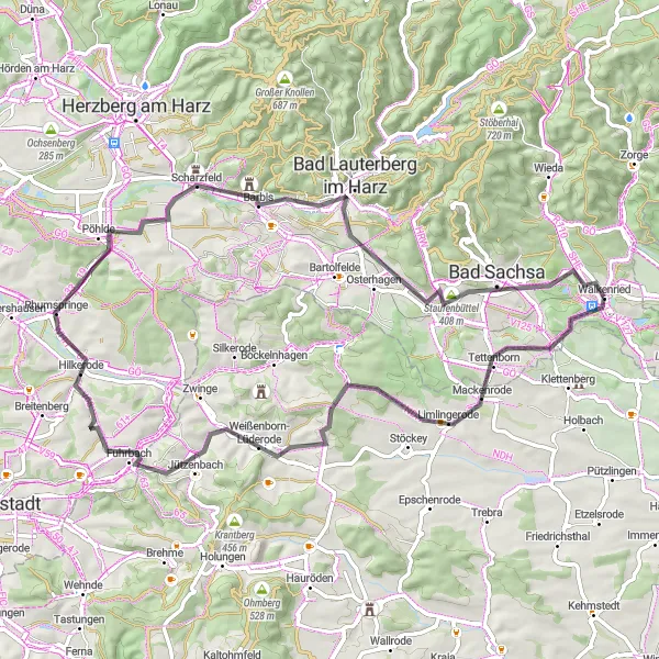 Map miniature of "Harz Vineyards and Historical Towns" cycling inspiration in Braunschweig, Germany. Generated by Tarmacs.app cycling route planner