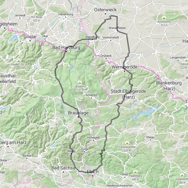 Karten-Miniaturansicht der Radinspiration "Herausfordernde Straßenfahrt im Harzgebirge" in Braunschweig, Germany. Erstellt vom Tarmacs.app-Routenplaner für Radtouren