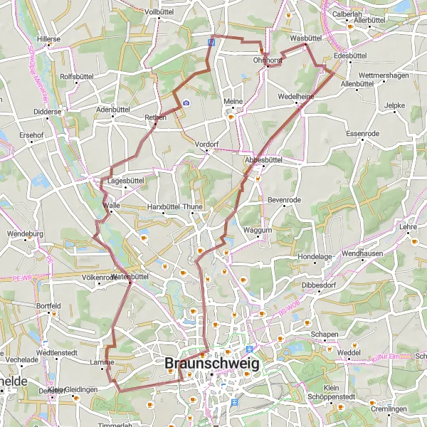 Map miniature of "The Gravel Ride through Wasbüttel's Countryside" cycling inspiration in Braunschweig, Germany. Generated by Tarmacs.app cycling route planner