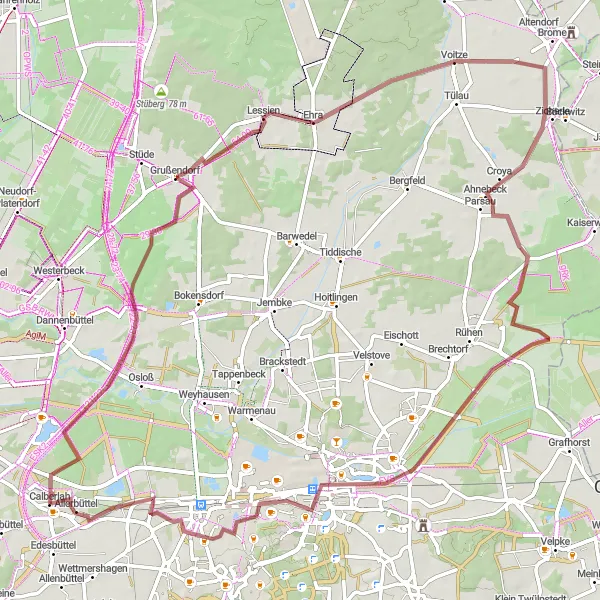 Karten-Miniaturansicht der Radinspiration "Gravel-Tour durch Calberlah und Wolfsburg" in Braunschweig, Germany. Erstellt vom Tarmacs.app-Routenplaner für Radtouren