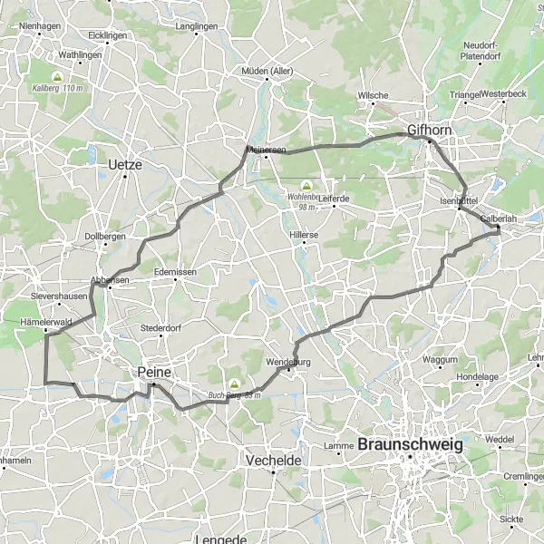 Karten-Miniaturansicht der Radinspiration "Road-Tour von Wasbüttel nach Isenbüttel" in Braunschweig, Germany. Erstellt vom Tarmacs.app-Routenplaner für Radtouren