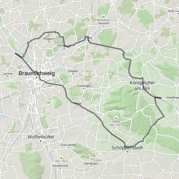 Map miniature of "Bevenrode and Gaußberg Road Route" cycling inspiration in Braunschweig, Germany. Generated by Tarmacs.app cycling route planner