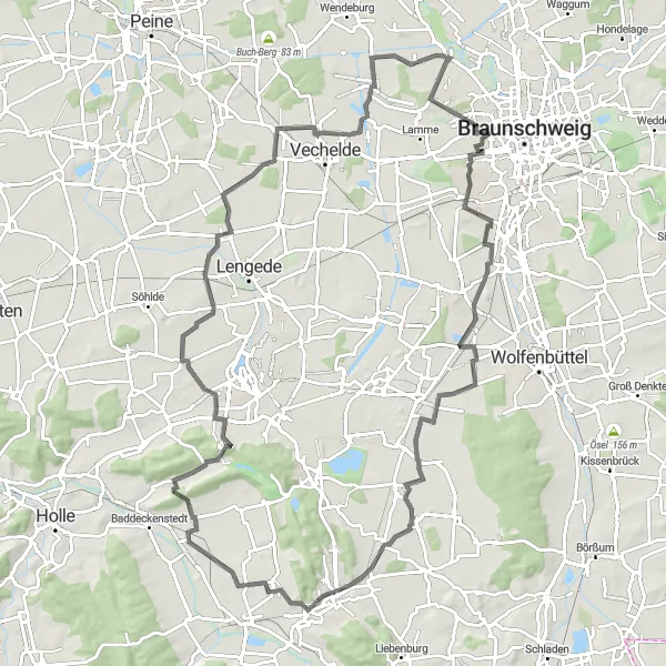 Map miniature of "Leinde Hill Challenge" cycling inspiration in Braunschweig, Germany. Generated by Tarmacs.app cycling route planner