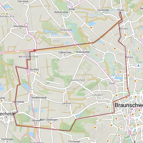 Map miniature of "Gaußberg to Thune Gravel Route" cycling inspiration in Braunschweig, Germany. Generated by Tarmacs.app cycling route planner