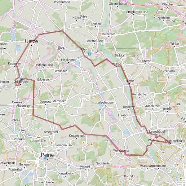 Map miniature of "Harxbüttel to Lagesbüttel Gravel Route" cycling inspiration in Braunschweig, Germany. Generated by Tarmacs.app cycling route planner