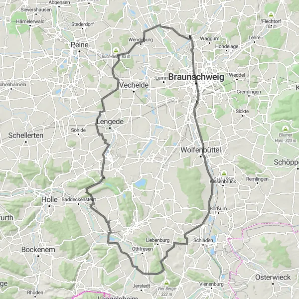 Karten-Miniaturansicht der Radinspiration "Wenden - Wolfenbüttel - Wenden" in Braunschweig, Germany. Erstellt vom Tarmacs.app-Routenplaner für Radtouren