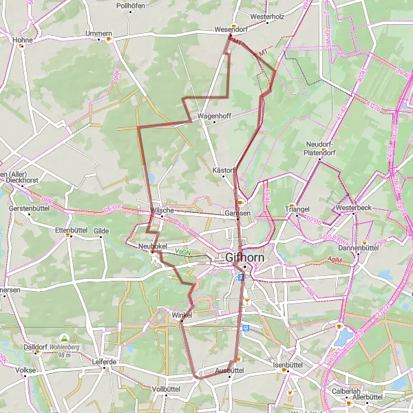 Map miniature of "Gravel Excursion" cycling inspiration in Braunschweig, Germany. Generated by Tarmacs.app cycling route planner