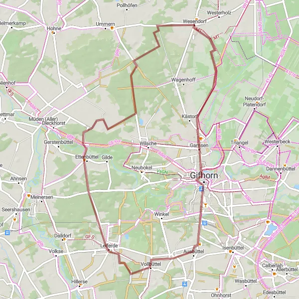 Map miniature of "Gifhorn-Leiferde Gravel Route" cycling inspiration in Braunschweig, Germany. Generated by Tarmacs.app cycling route planner