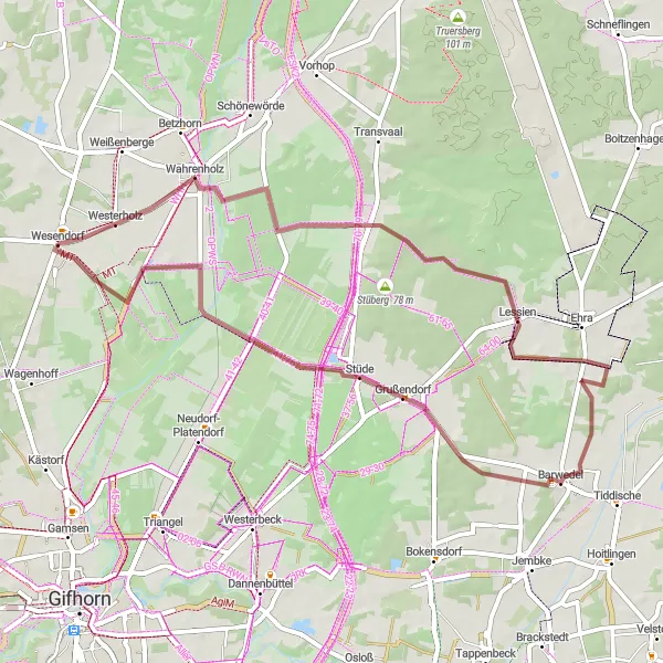 Karten-Miniaturansicht der Radinspiration "Gravel Route um Wesendorf" in Braunschweig, Germany. Erstellt vom Tarmacs.app-Routenplaner für Radtouren