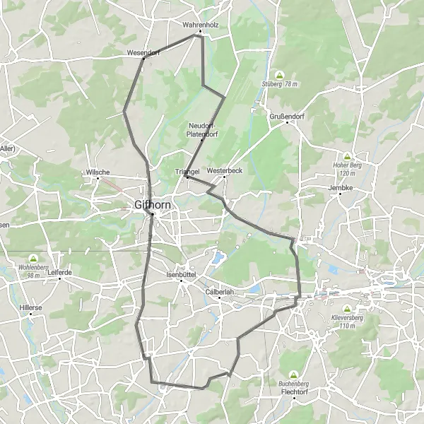 Map miniature of "Wesendorf Express" cycling inspiration in Braunschweig, Germany. Generated by Tarmacs.app cycling route planner