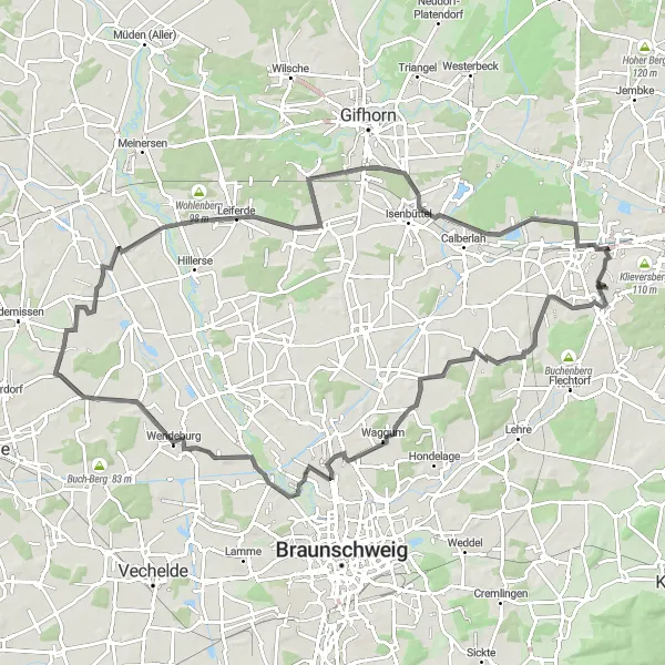 Map miniature of "Leiferde Nature Trail" cycling inspiration in Braunschweig, Germany. Generated by Tarmacs.app cycling route planner