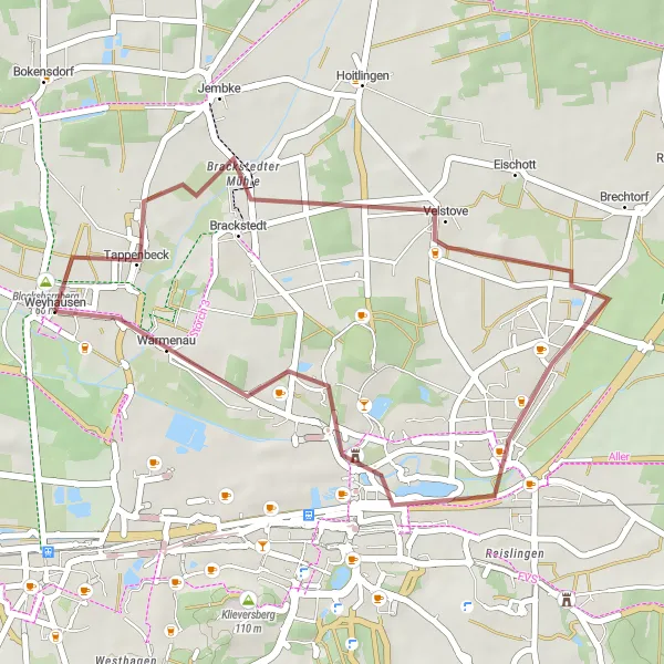 Map miniature of "Weyhausen Gravel Adventure" cycling inspiration in Braunschweig, Germany. Generated by Tarmacs.app cycling route planner