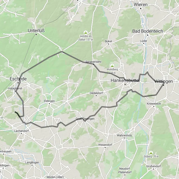 Map miniature of "Wittingen to Gross Oesingen" cycling inspiration in Braunschweig, Germany. Generated by Tarmacs.app cycling route planner