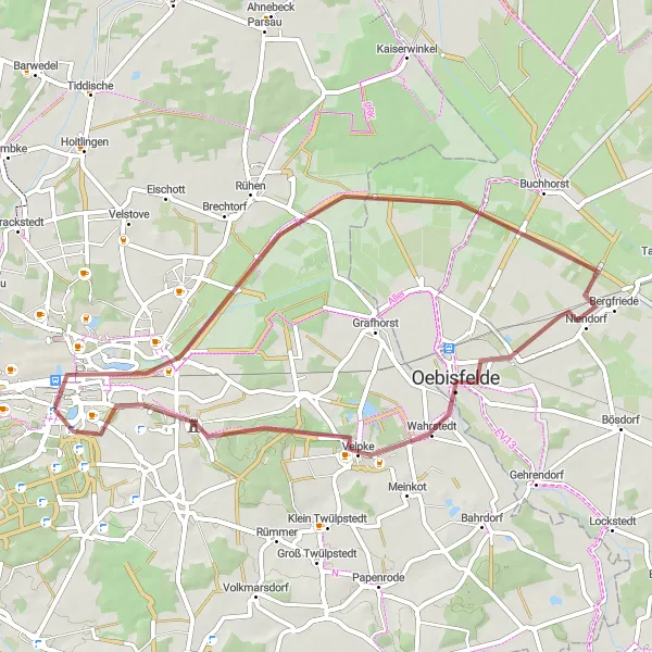 Map miniature of "Gravel Adventure in Wolfsburg's Surroundings" cycling inspiration in Braunschweig, Germany. Generated by Tarmacs.app cycling route planner