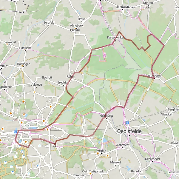 Map miniature of "Gravel Loop near Wolfsburg" cycling inspiration in Braunschweig, Germany. Generated by Tarmacs.app cycling route planner