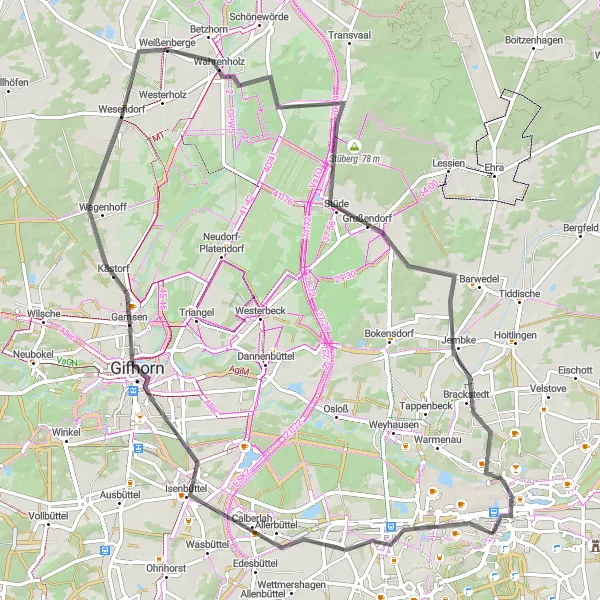 Karten-Miniaturansicht der Radinspiration "Klieversberg und Gifhorn Erkundungstour" in Braunschweig, Germany. Erstellt vom Tarmacs.app-Routenplaner für Radtouren