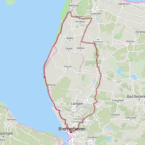Map miniature of "Off-Road Exploration: Bremerhaven to Neuenwalde" cycling inspiration in Bremen, Germany. Generated by Tarmacs.app cycling route planner