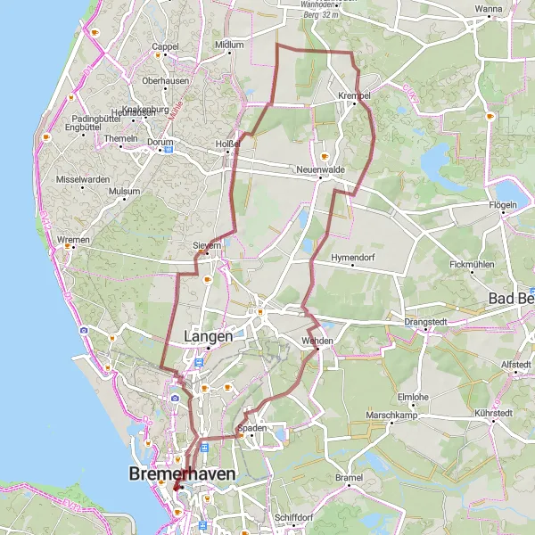 Map miniature of "Countryside Exploration: Bremerhaven Gravel Tour" cycling inspiration in Bremen, Germany. Generated by Tarmacs.app cycling route planner