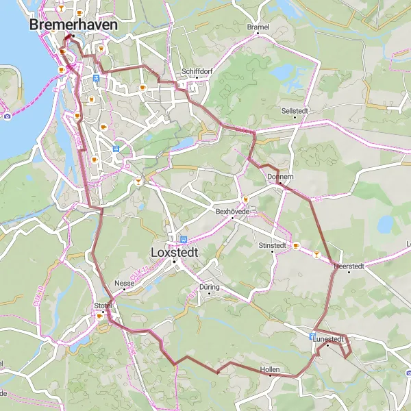Map miniature of "Nature Discovery: Bremerhaven Gravel Ride" cycling inspiration in Bremen, Germany. Generated by Tarmacs.app cycling route planner