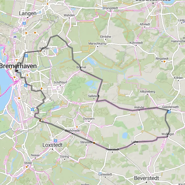 Map miniature of "Bremerhaven to Surheide Loop" cycling inspiration in Bremen, Germany. Generated by Tarmacs.app cycling route planner