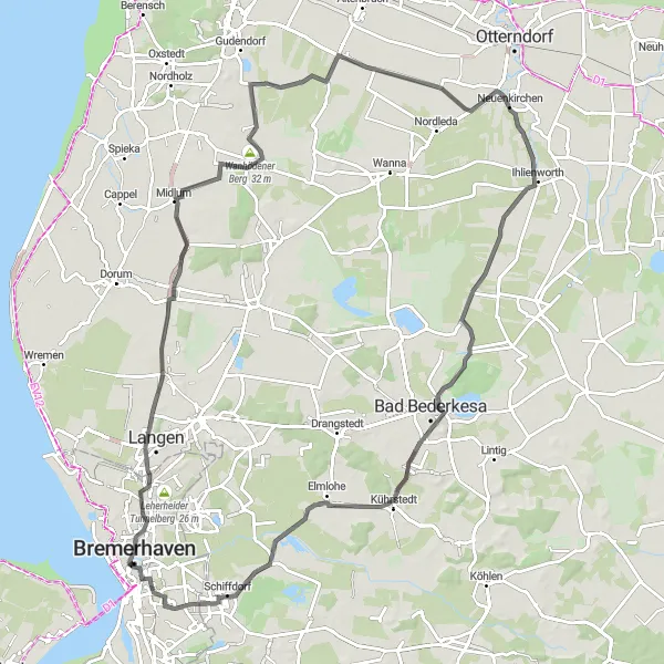 Karten-Miniaturansicht der Radinspiration "Panorama von Lehe bis Drachenberg" in Bremen, Germany. Erstellt vom Tarmacs.app-Routenplaner für Radtouren