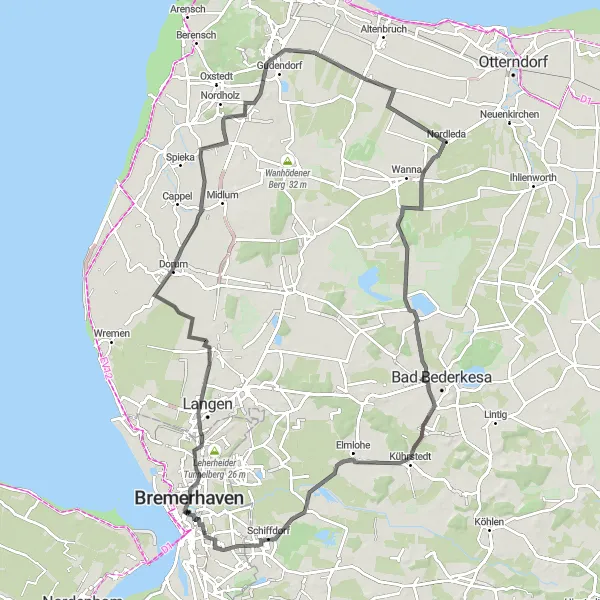 Map miniature of "Bremerhaven to Dorum Adventure" cycling inspiration in Bremen, Germany. Generated by Tarmacs.app cycling route planner