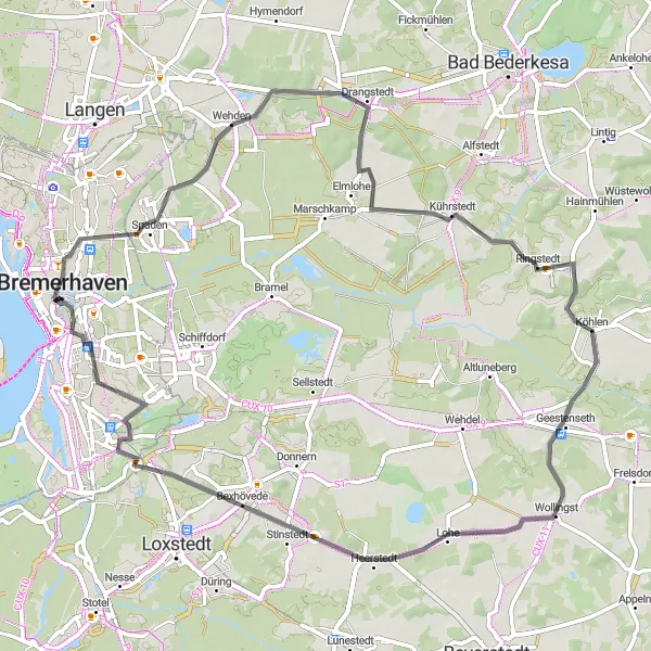 Map miniature of "Bremerhaven to Bexhövede Loop" cycling inspiration in Bremen, Germany. Generated by Tarmacs.app cycling route planner