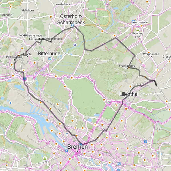 Map miniature of "Scenic Road Adventure" cycling inspiration in Bremen, Germany. Generated by Tarmacs.app cycling route planner