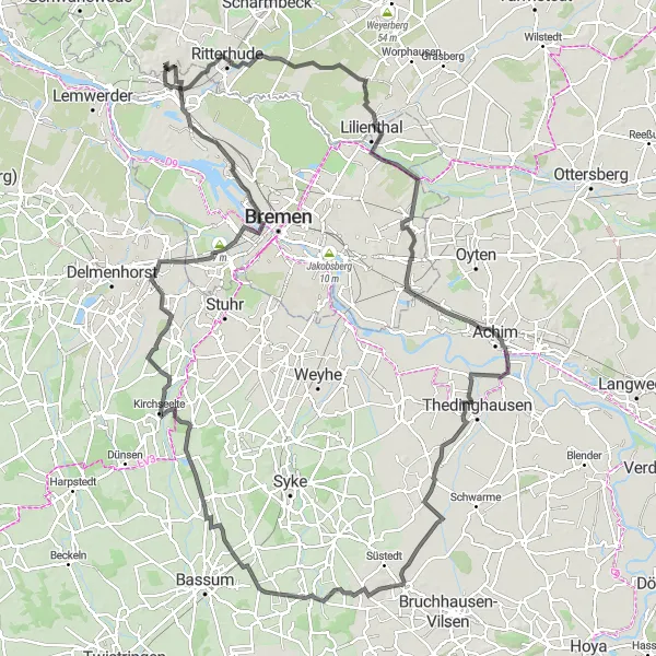 Map miniature of "Road Cycling Adventure from Burglesum to Großenhalm" cycling inspiration in Bremen, Germany. Generated by Tarmacs.app cycling route planner