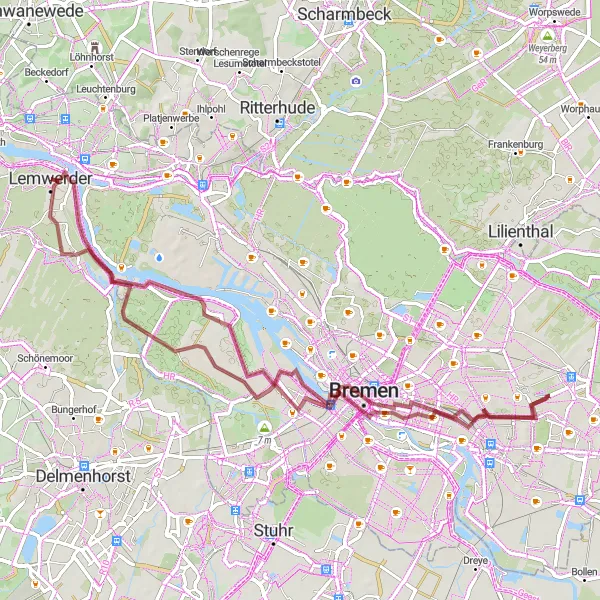 Map miniature of "Scenic Gravel Loop Through Jakobsberg and Schlachte" cycling inspiration in Bremen, Germany. Generated by Tarmacs.app cycling route planner