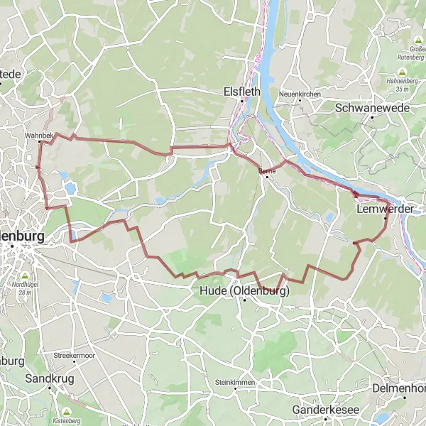 Map miniature of "Tranquil Gravel Loop via Bardewisch and Warfleth" cycling inspiration in Bremen, Germany. Generated by Tarmacs.app cycling route planner