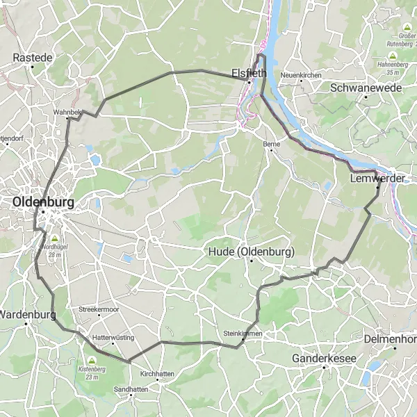 Map miniature of "Picturesque Road Ride via Sandkrug and Motzen" cycling inspiration in Bremen, Germany. Generated by Tarmacs.app cycling route planner