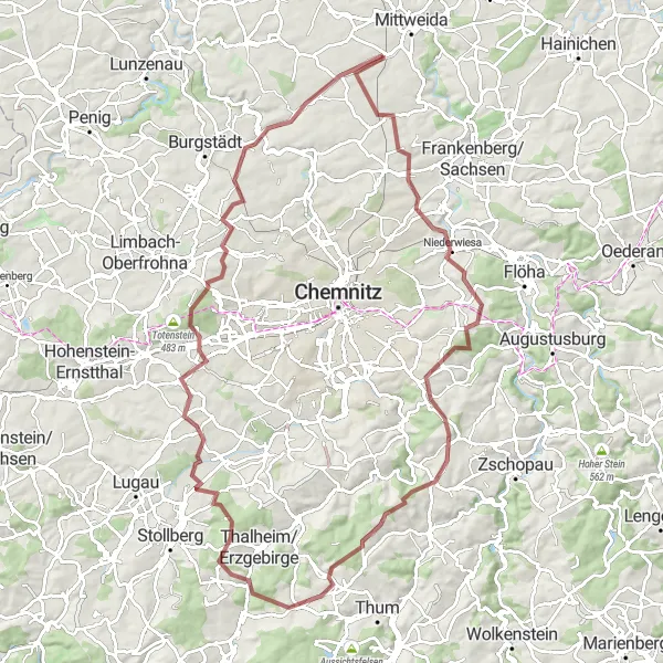 Map miniature of "The Ultimate Gravel Adventure" cycling inspiration in Chemnitz, Germany. Generated by Tarmacs.app cycling route planner