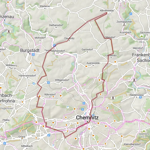 Map miniature of "Gravel Adventure" cycling inspiration in Chemnitz, Germany. Generated by Tarmacs.app cycling route planner