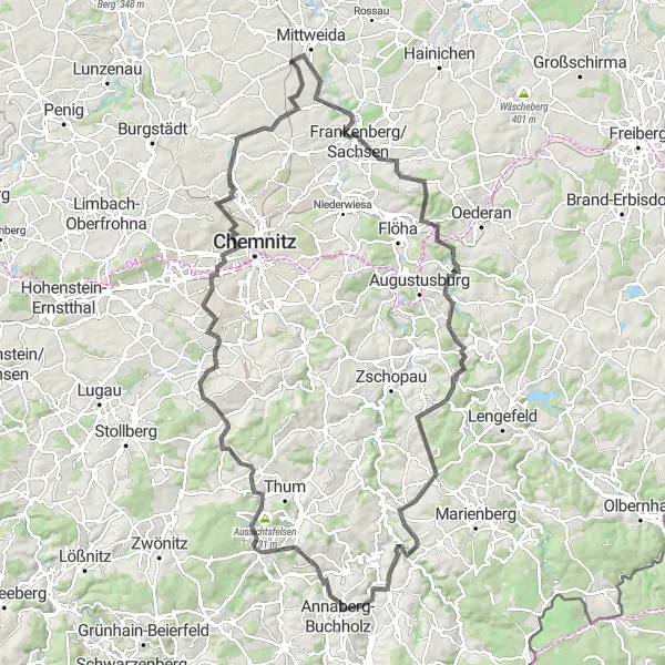 Map miniature of "Trek through the scenic hills of Altmittweida" cycling inspiration in Chemnitz, Germany. Generated by Tarmacs.app cycling route planner