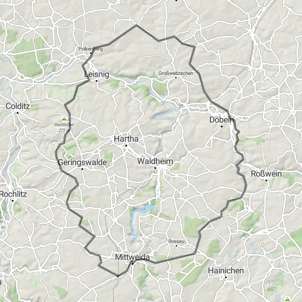 Map miniature of "The Challenging Road Cycling Loop" cycling inspiration in Chemnitz, Germany. Generated by Tarmacs.app cycling route planner