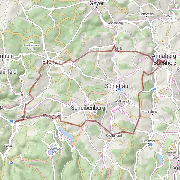 Map miniature of "Crottendorf Circuit" cycling inspiration in Chemnitz, Germany. Generated by Tarmacs.app cycling route planner