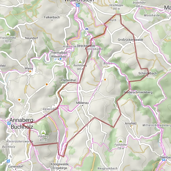 Karten-Miniaturansicht der Radinspiration "Rund um den Pöhlberg" in Chemnitz, Germany. Erstellt vom Tarmacs.app-Routenplaner für Radtouren
