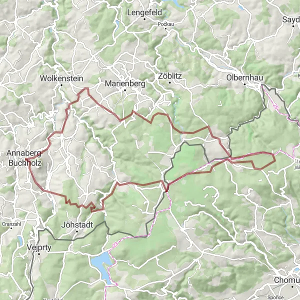 Map miniature of "Gravel Adventure in the Ore Mountains" cycling inspiration in Chemnitz, Germany. Generated by Tarmacs.app cycling route planner