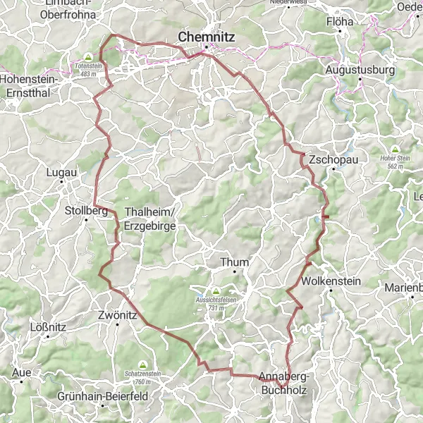 Map miniature of "Giant Hills and Historic Sights" cycling inspiration in Chemnitz, Germany. Generated by Tarmacs.app cycling route planner