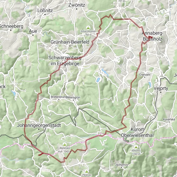 Karten-Miniaturansicht der Radinspiration "Gravel-Rundtour um Annaberg-Buchholz" in Chemnitz, Germany. Erstellt vom Tarmacs.app-Routenplaner für Radtouren