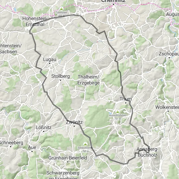 Map miniature of "Picturesque Landscapes and Historic Landmarks" cycling inspiration in Chemnitz, Germany. Generated by Tarmacs.app cycling route planner