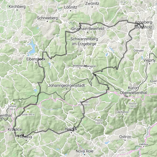 Map miniature of "The Ore Mountain Challenge" cycling inspiration in Chemnitz, Germany. Generated by Tarmacs.app cycling route planner