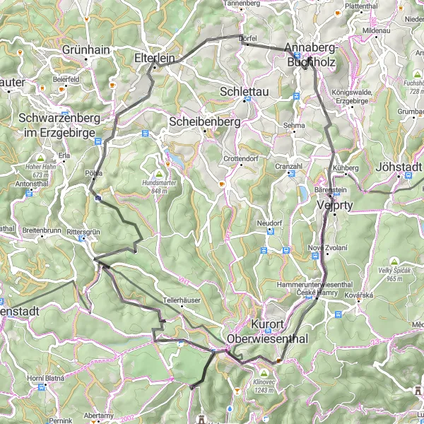 Map miniature of "Erzgebirge Road Adventure" cycling inspiration in Chemnitz, Germany. Generated by Tarmacs.app cycling route planner