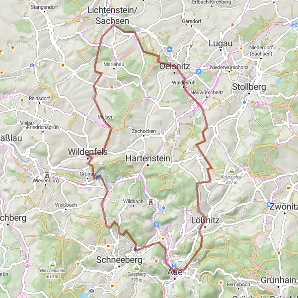 Map miniature of "The Erzgebirge Gravel Challenge" cycling inspiration in Chemnitz, Germany. Generated by Tarmacs.app cycling route planner