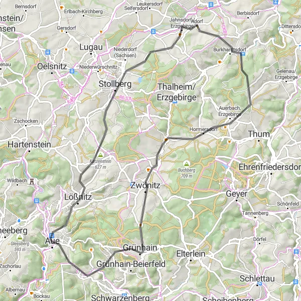 Map miniature of "Hirschknochen Route" cycling inspiration in Chemnitz, Germany. Generated by Tarmacs.app cycling route planner