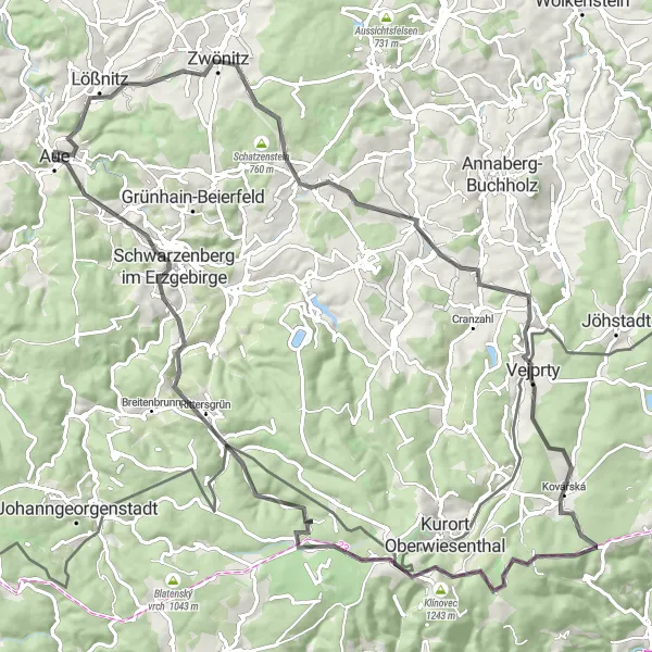 Karten-Miniaturansicht der Radinspiration "Kulturelle Entdeckungsreise im Erzgebirge" in Chemnitz, Germany. Erstellt vom Tarmacs.app-Routenplaner für Radtouren