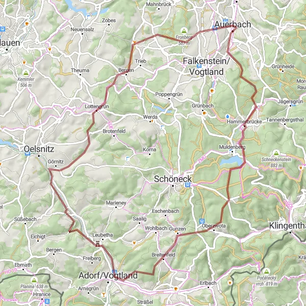 Map miniature of "Charming Gravel Ride around Auerbach" cycling inspiration in Chemnitz, Germany. Generated by Tarmacs.app cycling route planner