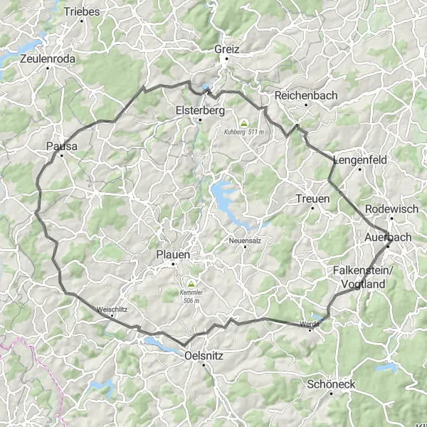 Map miniature of "Scenic Road Cycling Route from Auerbach" cycling inspiration in Chemnitz, Germany. Generated by Tarmacs.app cycling route planner
