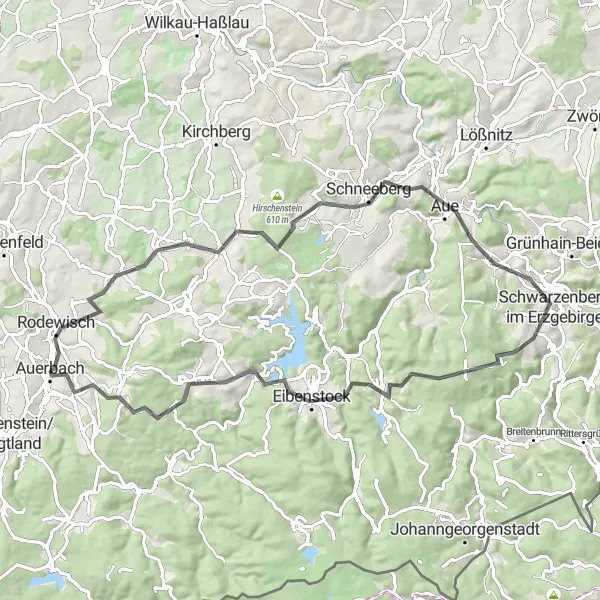 Karten-Miniaturansicht der Radinspiration "Hügeliges Straßenradfahren in Westerzgebirge" in Chemnitz, Germany. Erstellt vom Tarmacs.app-Routenplaner für Radtouren
